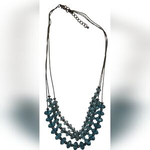 Silver Tone Vintage Three Strand Aqua Blue Beaded Adjustable Necklace 18"-22"